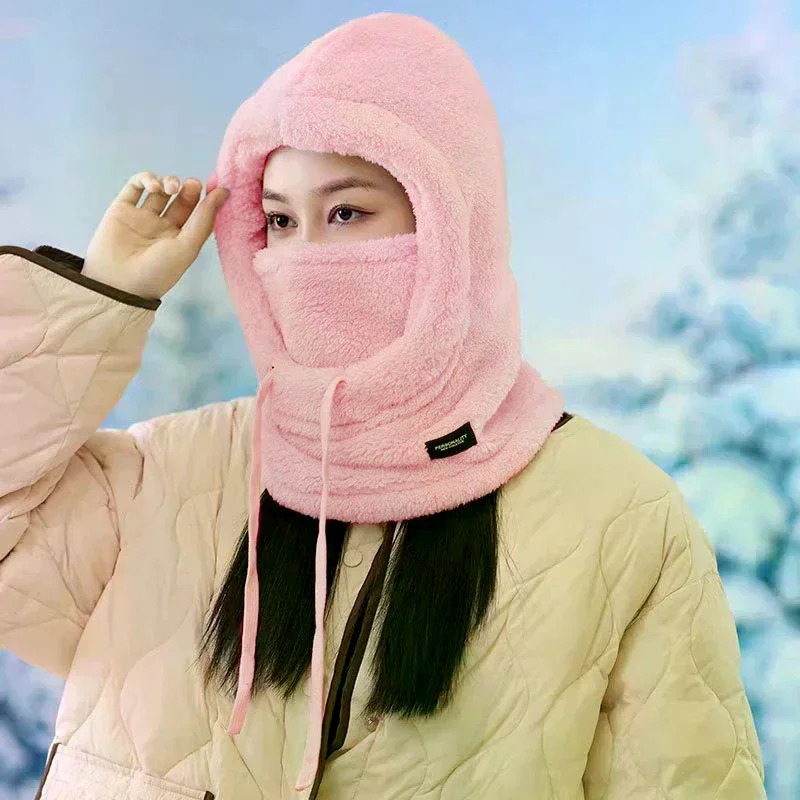 Soft Solid Color Cycling Windproof Cap Hood Thermal Winter Balaclava Drawstring Keep Warm Ski Mask Hat Women