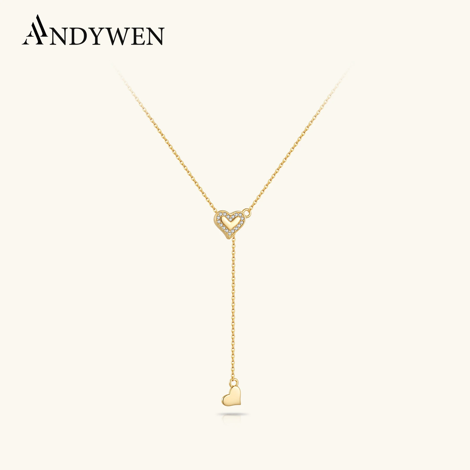 ANDYWEN Women 925 Sterling Silver Heart Zircon CZ Ajustable Flexible Pulling Necklace Transformer Rubber Stopper Fine Jewelry