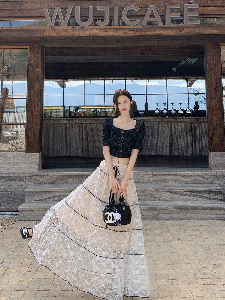 

Fashionable Short Sleeve Shirt And Lace Half-length Skirt Set Women's Summer 2026 Square Collar Button-up Slim Fit Ensemble