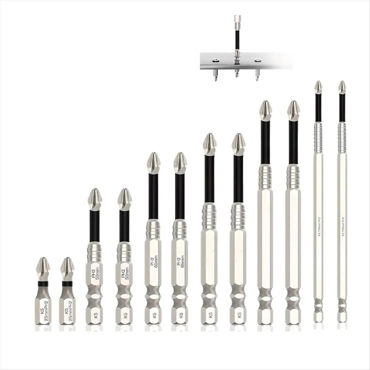 AA248~Anti Slip Screwdriver Bits, 12-Piece High-Magnetic Screwdriver Drill Bit Set, 25 50 65 70 90 150mm Drill Bit Set
