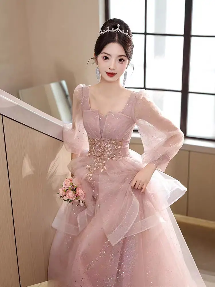 

Ele Pink Performance Dr Long Sve A-Line Skirt for Adult Ceremony Birthday Par Host Vocal Student ow Costume