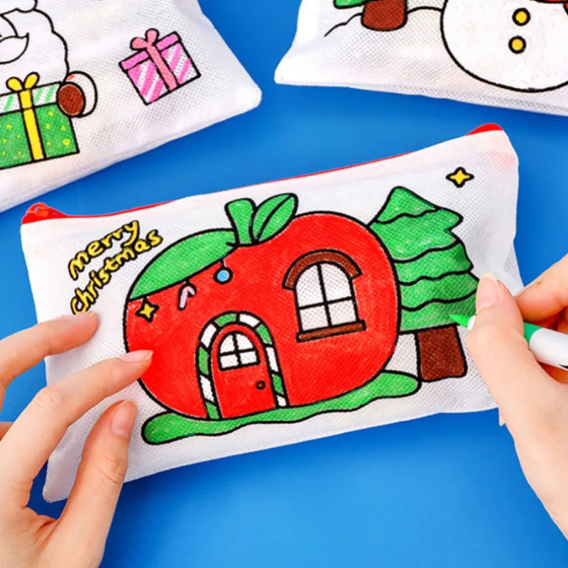 Cartone animato Natale Graffiti Astuccio per matite Scuola materna Disegno fatto a mano Regalo di cancelleria Bambini Ragazzi Ragazze Bambini Borsa per penne colorate fai-da-te