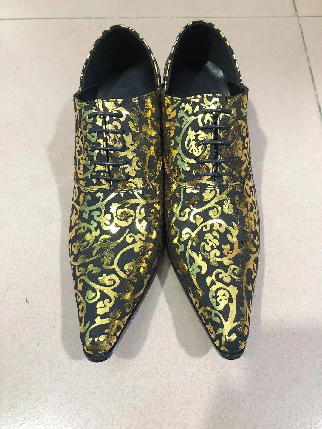 

Luxury Golden Printed Men's Dress Shoes Genuine Leather Pointed Toe High Heel Lace-Up Oxford Shoes Trendy Party Banquet Shoes