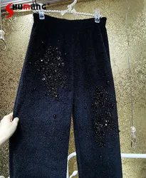 New Autumn and Winter Beaded Pearl Fairy Three-dimensional Flower Mink Fur Knitted Warm Wide-leg Trousers Knit Pants Female