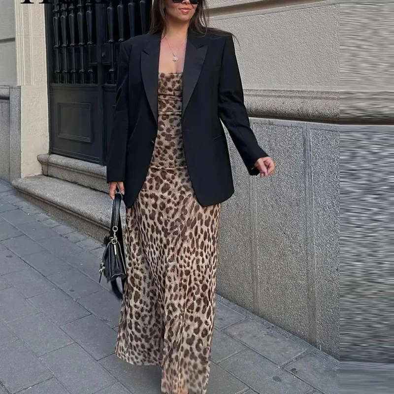 Sukienka HXAO Leopard Tulle z tiulu, wzór zebry, bez rękawów, długa sukienka typu slip, damska, vintage, z odkrytymi plecami, seksowna sukienka na imprezę, letnia sukienka midi z siateczki.