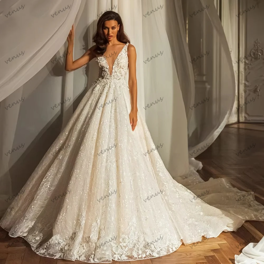 Glitter Wedding Dresses Luxury Bridal Gowns Beading Appliques Sleeveless Deep V Neck Robes Vestidos De Novia Customized 2026