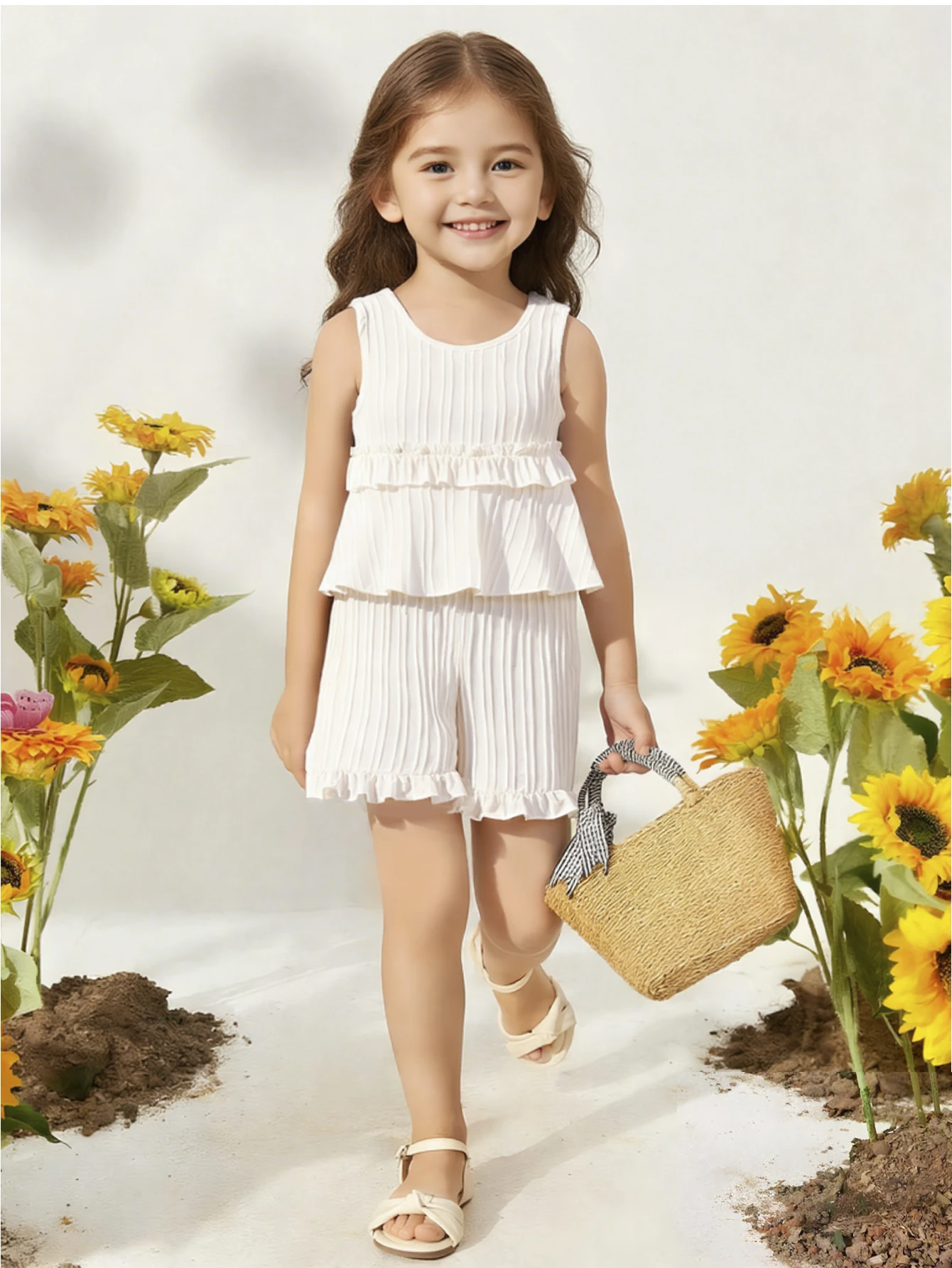 Girls Fashion Two-Piece Set, Sleeveless Ruffled Hem Tank Top with Striped Shorts, Summer Casual for Ages 1-6,Parties or Gifts