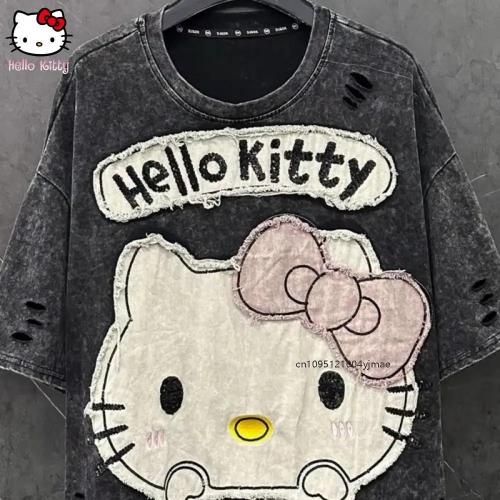 

Sanrio Y2K Hello Kitty Top Summer New Design Embroidered Short Sleeved Shirts for Women Loose Sweet Casual Women Clothes Hole