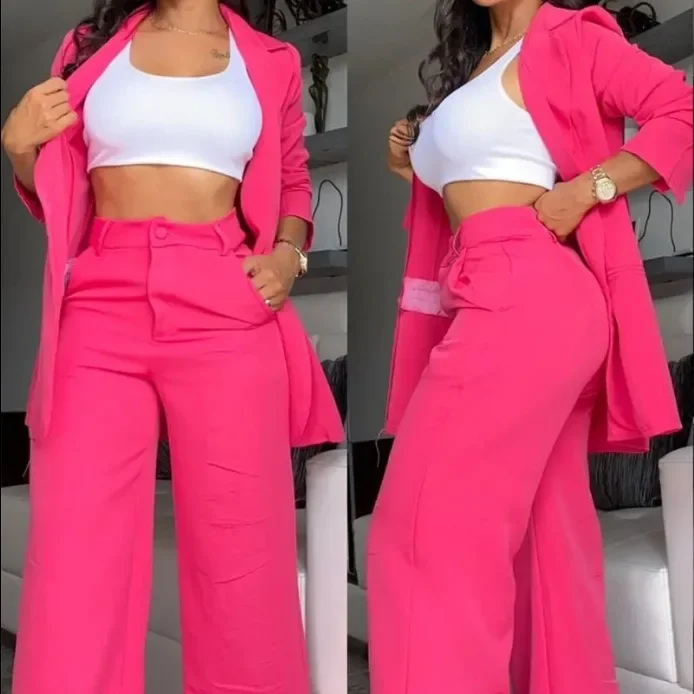 Women Pant Sets Two Piece Set Pants Turn Down Collar Single Breasted Tracksuit Outerwear Ankle Length Straight Pockets Loose