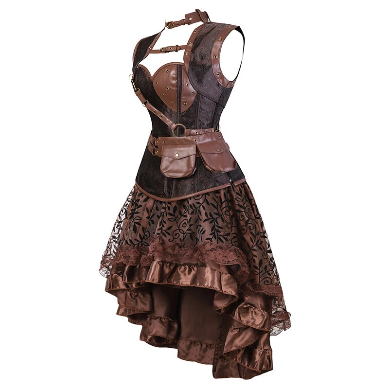 Gaun Korset Steampunk untuk Wanita Gaun Korset Kulit Faux Coklat Gaun Cosplay Ukuran Plus Kostum Bajak Laut dengan Lingerie Korset