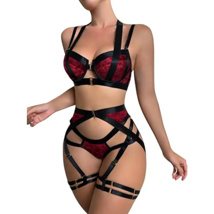 

Lilosy Sexy Underwire sh Up Garter Belt Lingerie Set Harness Cutout Outfits Matching Bra Panty 3 Pcs