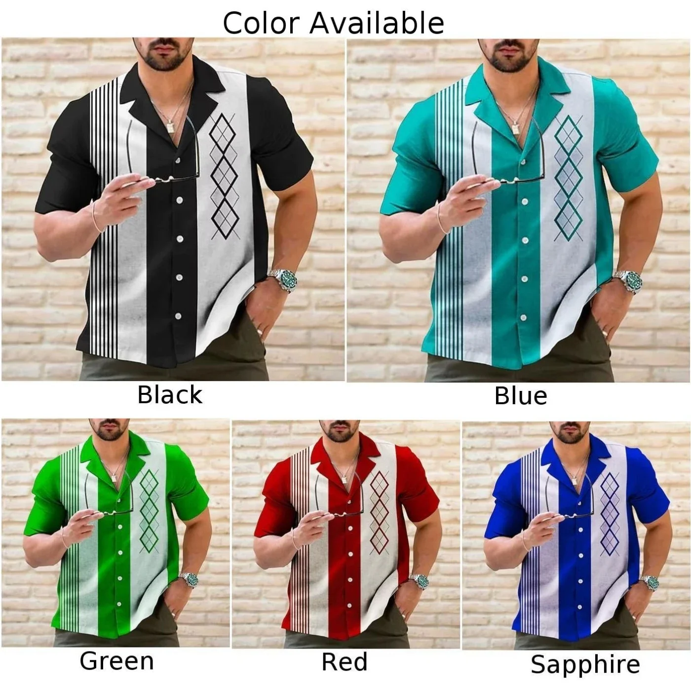 Camisa de boliche listrada arrojada masculina, manga curta, abotoar, traje perfeito para cenas casuais e de festa, Vintage, retrô