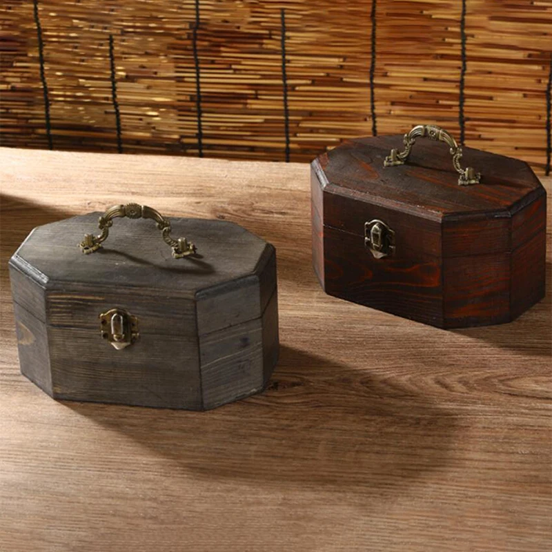صندوق خشبي مثمن متعدد الوظائف عتيق - تخزين من الخشب الصلب مصنوع يدويًا للمجوهرات صندوق هدايا ديكور سطح المكتب الصيني القديم