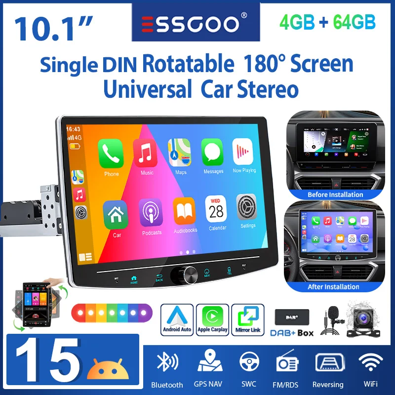 ESSGOO 10.1 Zoll Android15 4GB 64G Universal Single DIN Autoradio manuell 180 drehbar mit Mikrofon kabelloses Carplay Android Auto GPS Navi RDS FM WLAN Bluetooth Mirror Link Lenkradsteuerung