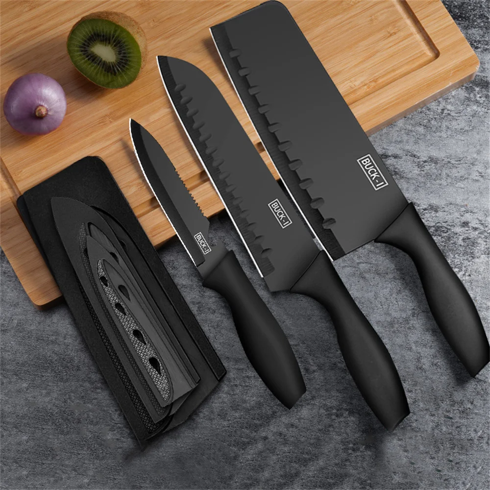 PLYS-Juego de cuchillos de cocina de acero negro afilado, cuchillo de fruta de acero inoxidable, cuchillo para el hogar, cuchillo de Chef multifuncional