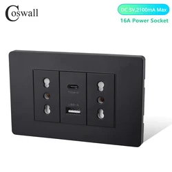 Coswall PC Panel Italian / Chile Standard 16A Wall Power Socket Dual USB Type-c PD 3.0 20W Fast Charging 118 Series Black