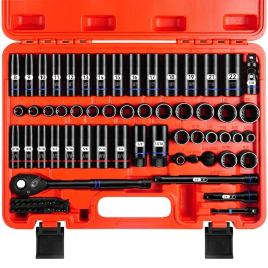 

3/8 Inch Drive 12 Point Impact Socket Set, 74 PCS Standard SAE 5/16"- 3/4" and Metric(8-22mm) With Color Ring, Deep and Shallow