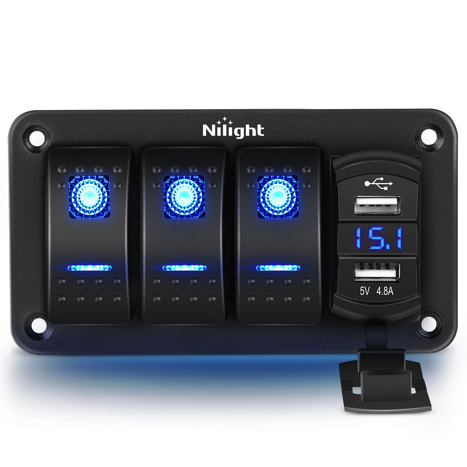 Nilight 3 Gang Rocker Switch Panel with 4.8 Amp Dual USB Charger Voltmeter Waterproof 12V 24V DC Rocker Switch with Night Glow Stickers for Cars Trucks Boats RVs, 2 Years Warranty,Blue