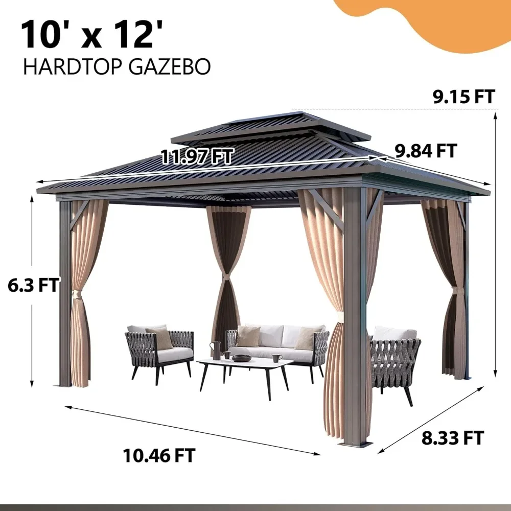 Shelter Canopy, 10x12 FT Curtains & Netting, Aluminum Frame Double Roof Galvanized Steel Gazebo, Shade Canopy