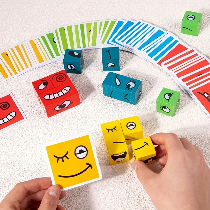 

Wooden Face‑Changing Cube Puzzle Toy 4‑Player Family Game Early Educational Emotion Interaction Toy