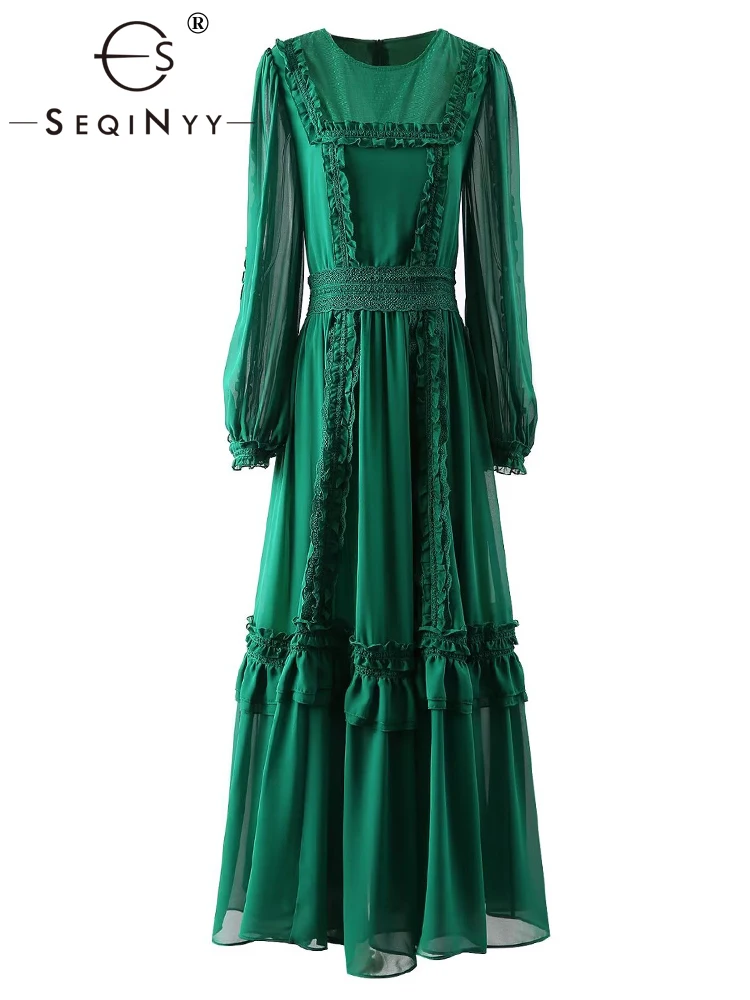 

SEQINYY Green Midi Dress Summer Spring New Fashion Design Women Runway High Street Lace Ruffles A-Line Casual Elegant