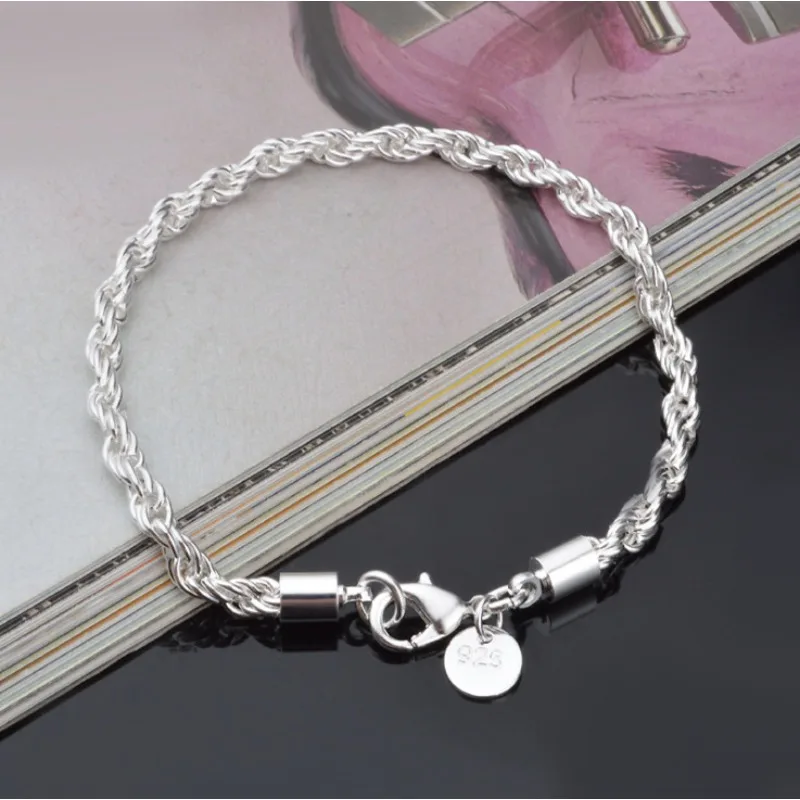 Pulsera de plata de ley 925 con dijes de moda para hombres y mujeres, pulsera minimalista de cadena de cuerda trenzada de 4MM, regalos de joyería para parejas Unisex