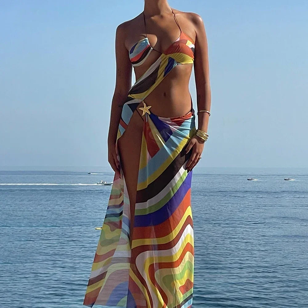 

2024 Colorful Striped Printed Bikini Triangle Women Sexy Split Swimsuit Fashion Beach Swimwear Beach Dress Bathing Suit Clothing