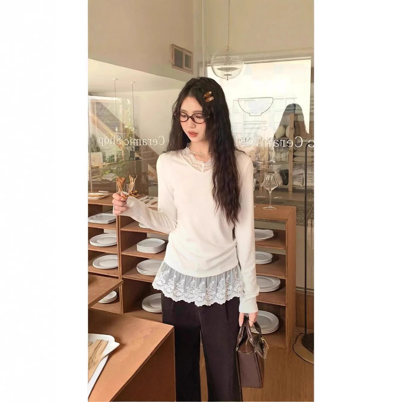

2026 New Autumn Winter Gentle Style Lace Trim Layered Thermal Base Shirt Women Long Sleeve T-Shirt Top Trendy