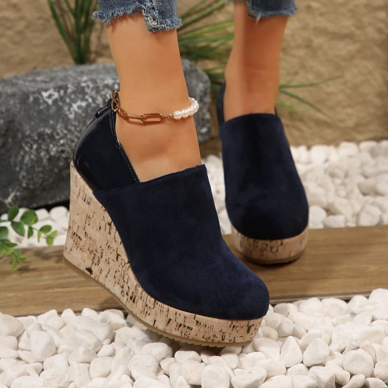 

Women's Wedge Heel Vulcanize Shoes Zip Round Toe Suede Leather Splicing Shoes Women Leisure 10cm Heel High Zapatillas De Mujer