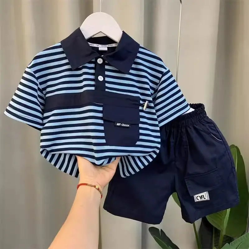 

Children's Summer Set New Boys' Fashion Short Sleeve Polo Shirt Shorts Two Piece Set