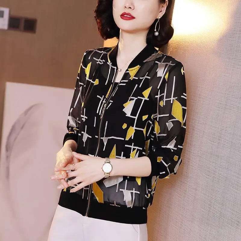 Fashion O-Neck Zipper All-match Printed Chiffon Shirt Women's Clothing 2022 Autumn New Oversized Casual Tops Loose Korean Blouse