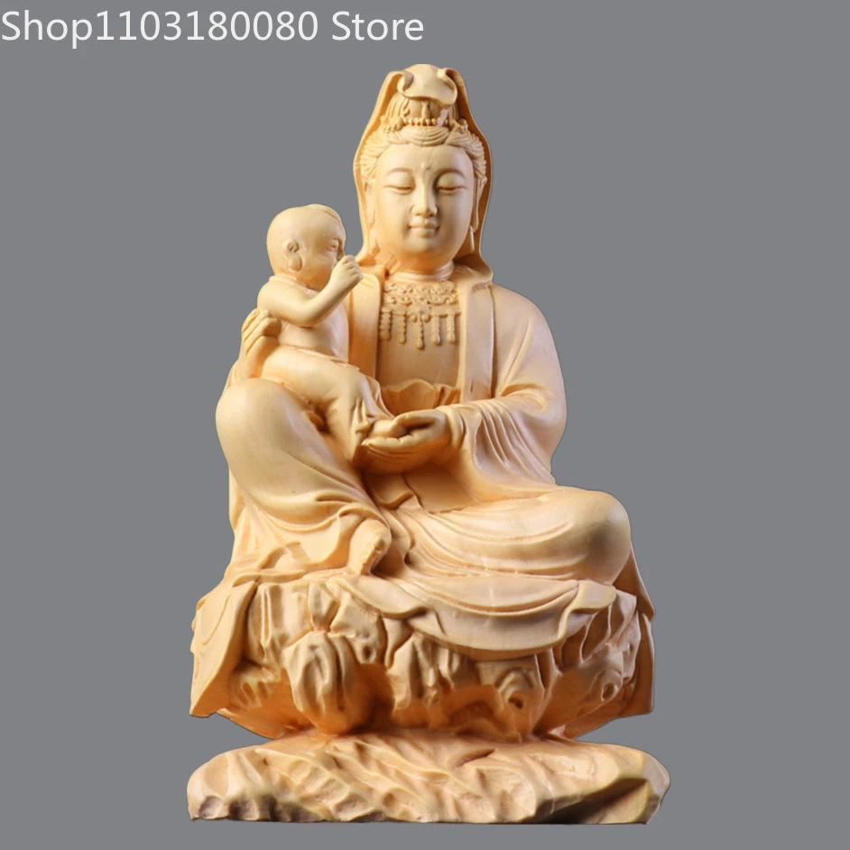 Hand Carved Cypress & Boxwood Songzi Guanyin Statue Goddess of Fertility Wooden Buddha sculpture Altar Decor,20cm,15cm