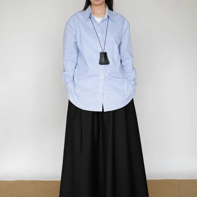 春夏コットンルーズフェイクツーピース青と白のストライプのコントラストシャツ絶妙なデザイン長袖トップ