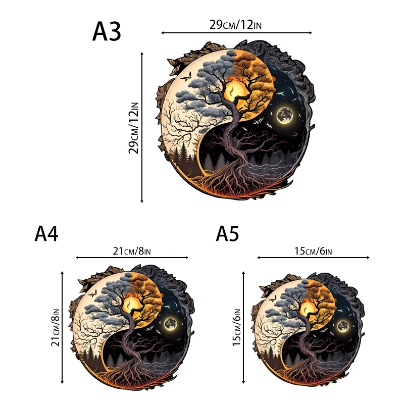 Wooden jigsaw Yin Yang Sun, Moon, Tree of Life, handmade decoration, Christmas gift, decorative painting birthday gift