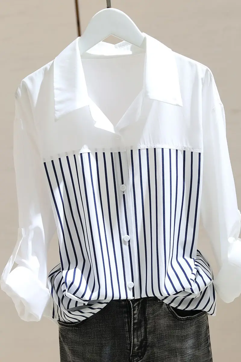 Women\'s Striped Shirt Long Sleeved Chiffon Shirt Loose Casual Shirt Korean Fashion Shirt Spring/Summer Shirts Blouses White