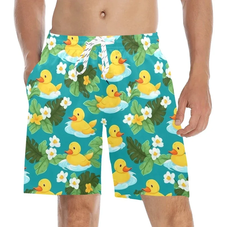 Men's Cute Rubber Duck Print Beach Shorts Tropical Floral & Leaf Graphic Quick Dry Swim Trunks For Summer Vacation Beach Wear