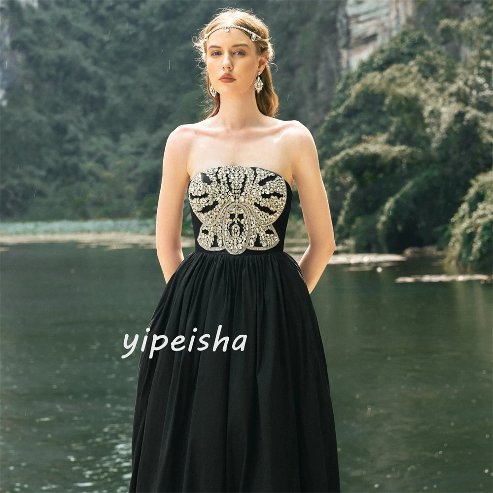 Jersey Sequined Ruched Formal Evening A-line Strapless Bespoke Occasion Gown Long Dresses