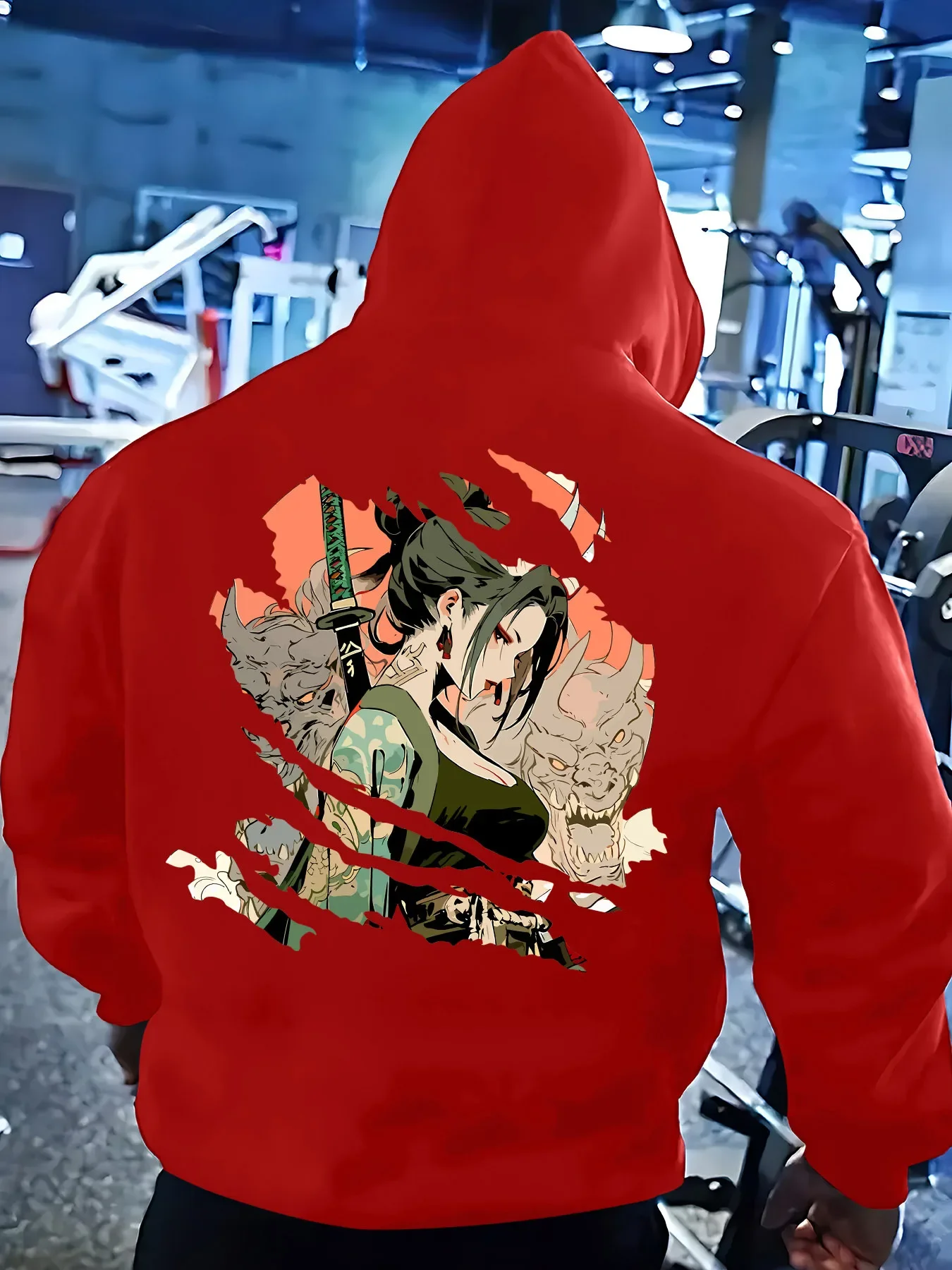 Japanese Style Samurai Woman Oni Mask Torn Frame Graphic Hoodie Unisex Loose Long Sleeve Back Print Sweatshirt