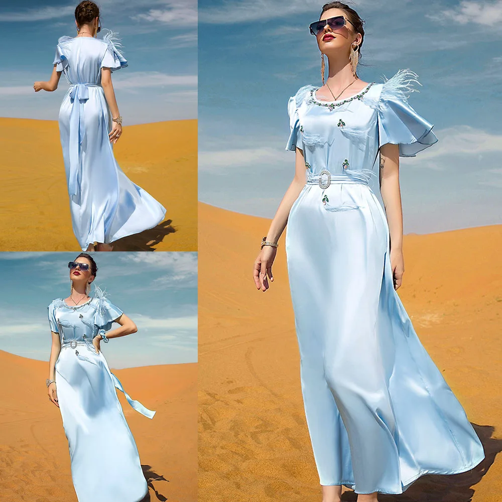 

Elegant Muslim Women Satin Long Dress Short Sleeve Abaya Islam Arab Middle East Dubai Kaftan Eid Ramadan Luxury Rhinestone Gown