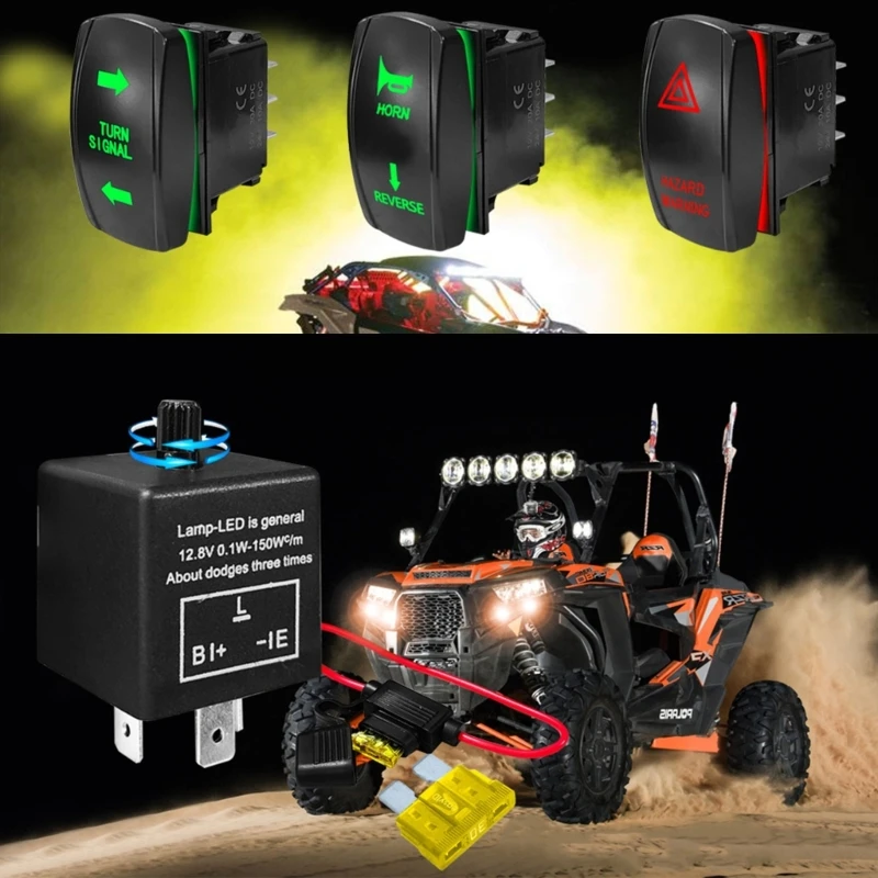 Universal ATV UTV SXS Turn Signal Set, Street Legal with Horn Reverse Light Rockers Flasher Relays Fuses Wire