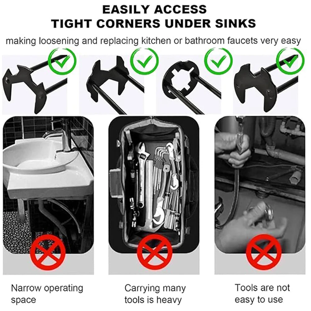 1/2PCS Plumbers Wrench 7 Sizes Sink Wrench Four-Jaw Hex Under Sink Wrench Faucet Tool Multifunctional Steel for Tight Spaces