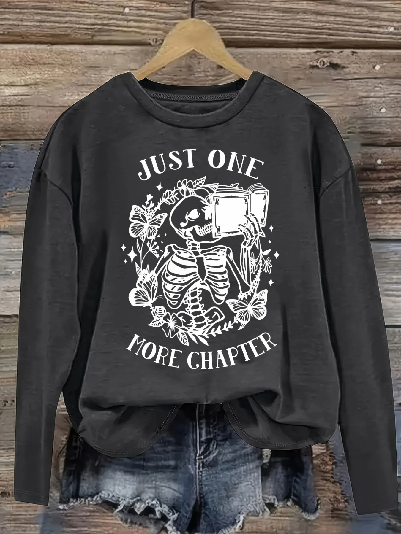 Women's Casual Long Sleeve Crew Neck T-Shirt Just One More Chapter Skeleton Design, Round Neck Women's Clothing, Machine Washable, Slightly Elastic, Loose Fit, Spring Autumn Winter Women's T-Shirt, Halloween Costume Outfit view 2