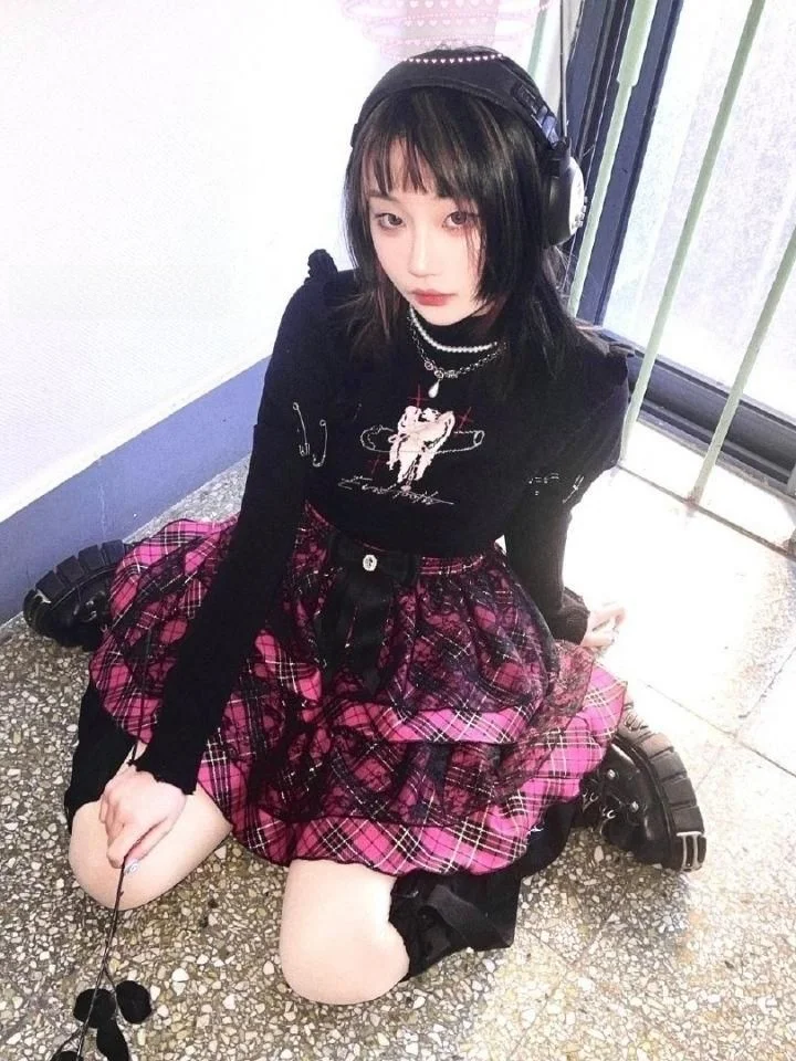 

Harajuku Y2K Punk Cheered Skirt Bla Sweet Japanese Lace Anti-Light f-length Fluffy Skirt High Waist Baking Dr