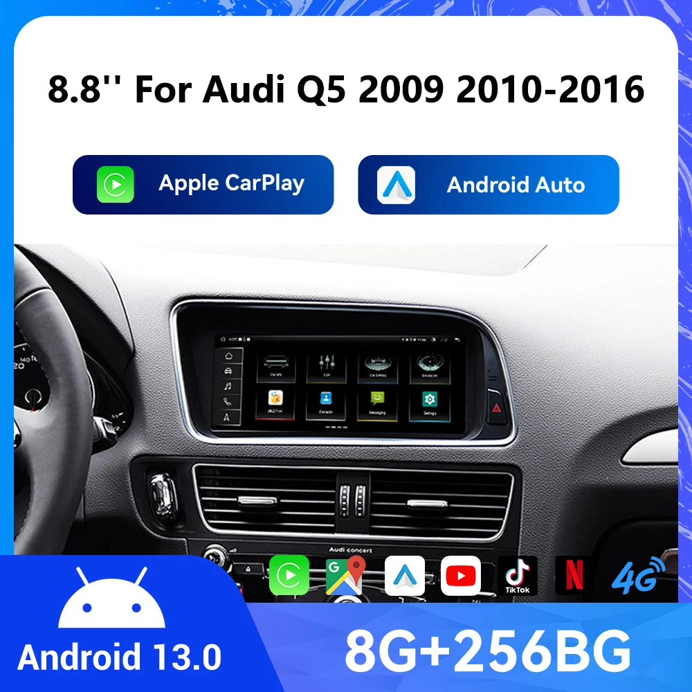 8.8Inches Touch Screen Android13 Wireless CarPlay Car Radio For Audi Q5 2009-2016 MMI 2G 3G Multimedia Player Navi GPS 4G WiFi