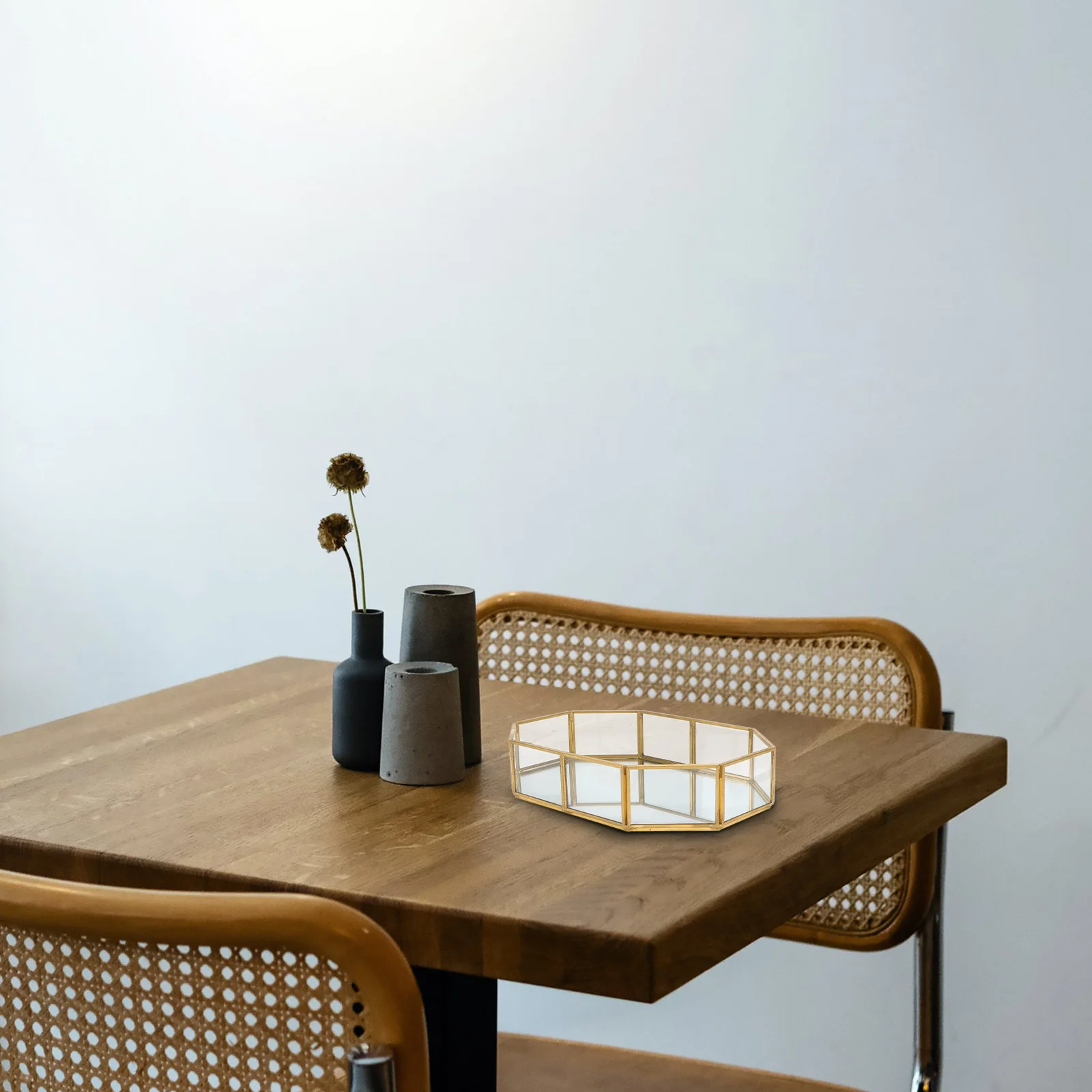 

Octagonal Glass Jewelry Organizer Tray Brass Geometric Frame Sand Linen Lining Vanity Display Dish Countertop Holder Decorative