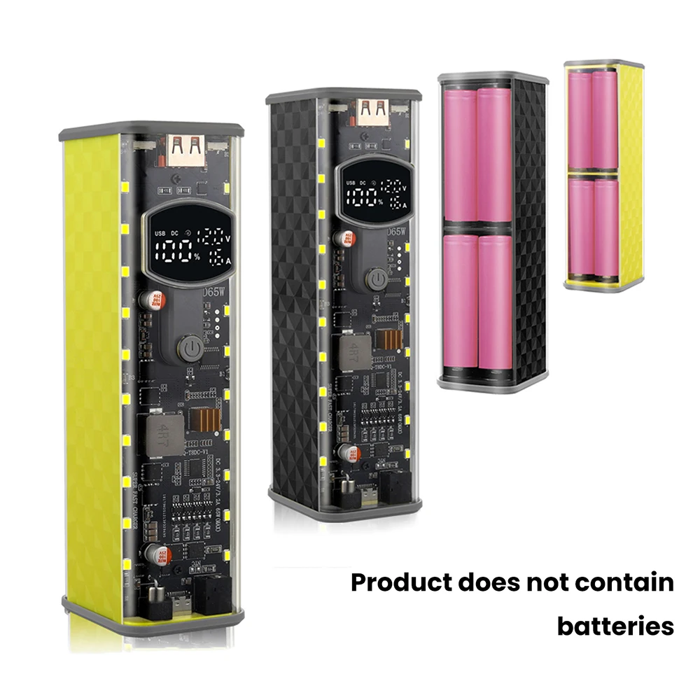 65W PD Schnellladung 18650 Powerbank DIY Akkubox Einstellbare DC-Spannung Multifunktionales Display für Laptops Outdoor-Nutzung