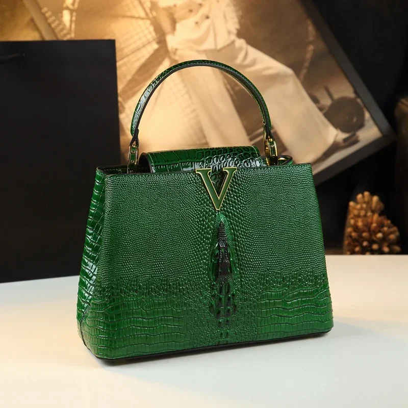 Luxury Genuine Leather Women's Handbags Fashion Lady Shell Bag Crocodile Pattern 2023 New Shoulder Messenger Bags Green Black