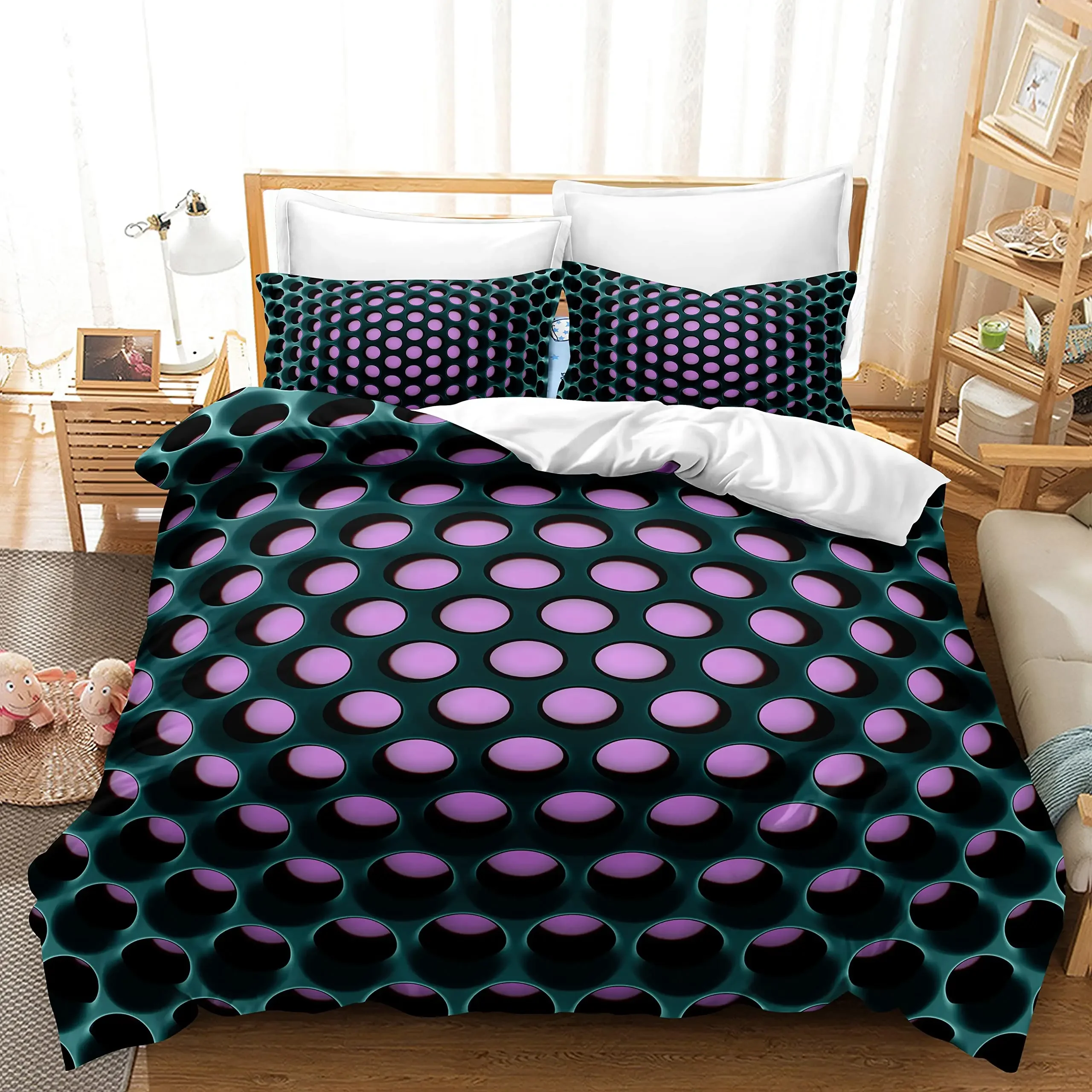 Cyan Red Geometric Patterns Printed Duvet Cover Bedding Stereoscopic Dense Hole Queen Size Duvet Cover Bedroom Decoration Women