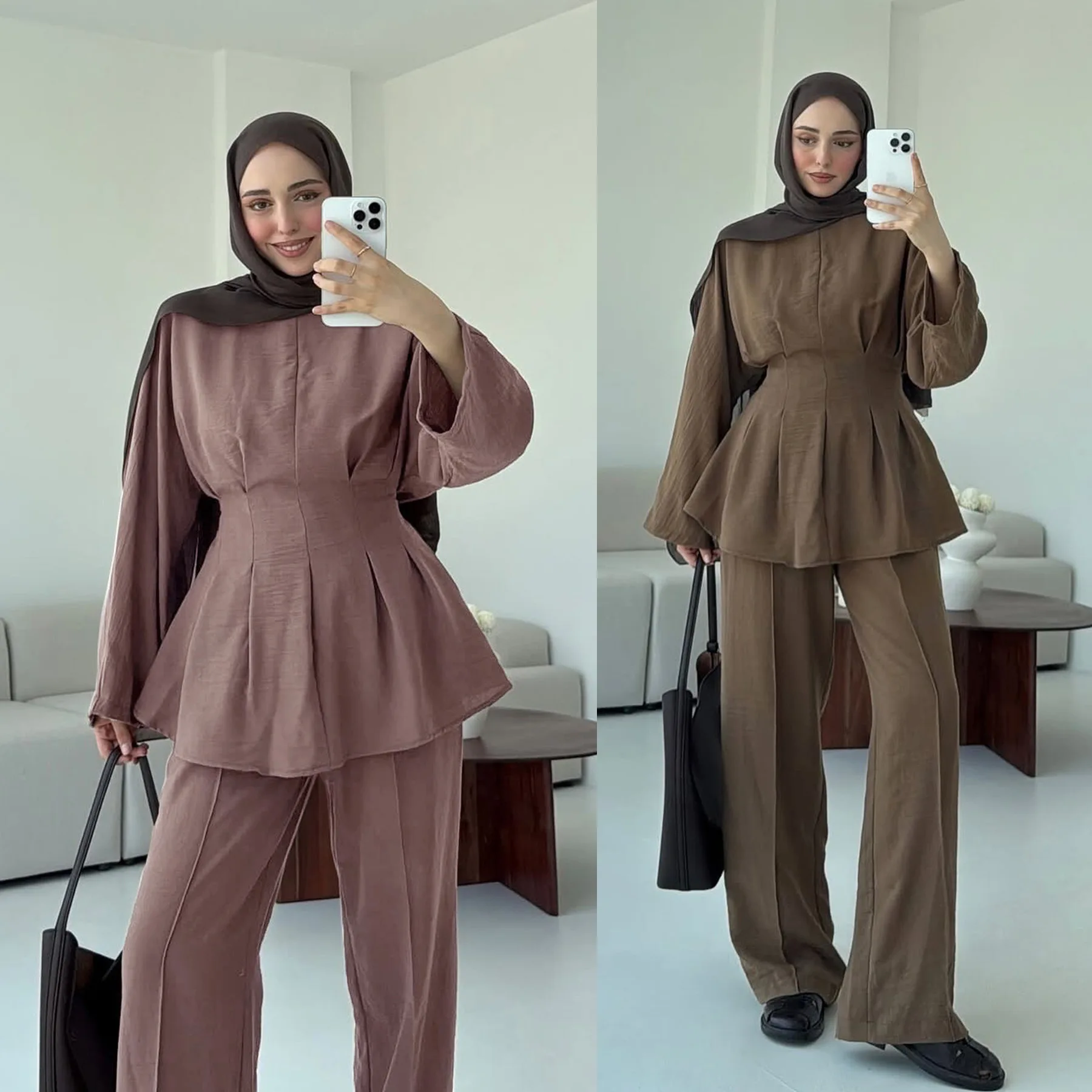 Modest Women Tops Trouser Suit Wide Leg Pants Muslim Set 2 Piece Outfits Dubai Abaya Turkey Islam Clothing Musulmane Ensembles