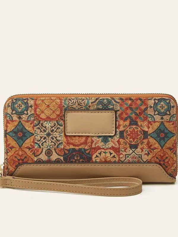 Cork Tree Bark Wallet Women's Multi-Card Handbag Artistic Retro Print Coin Purse Fashionable Functional Small Bag